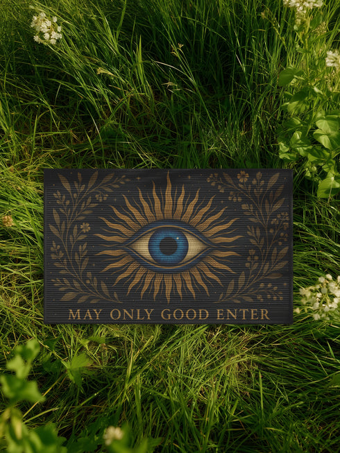 Woven doormat with non-slip backing, featuring a blue evil eye at center surrounded by golden botanical rays and the phrase "May Only Good Enter" along the edge, made of soft 100% polyester chenille with a smooth plush pile, 24x36 inches in size, designed for witchy or spiritual home décor and entry protection.